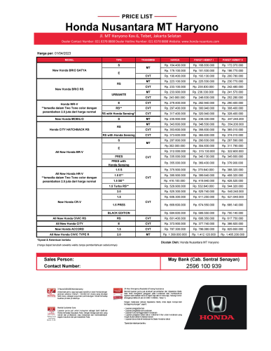 Pricr List Honda